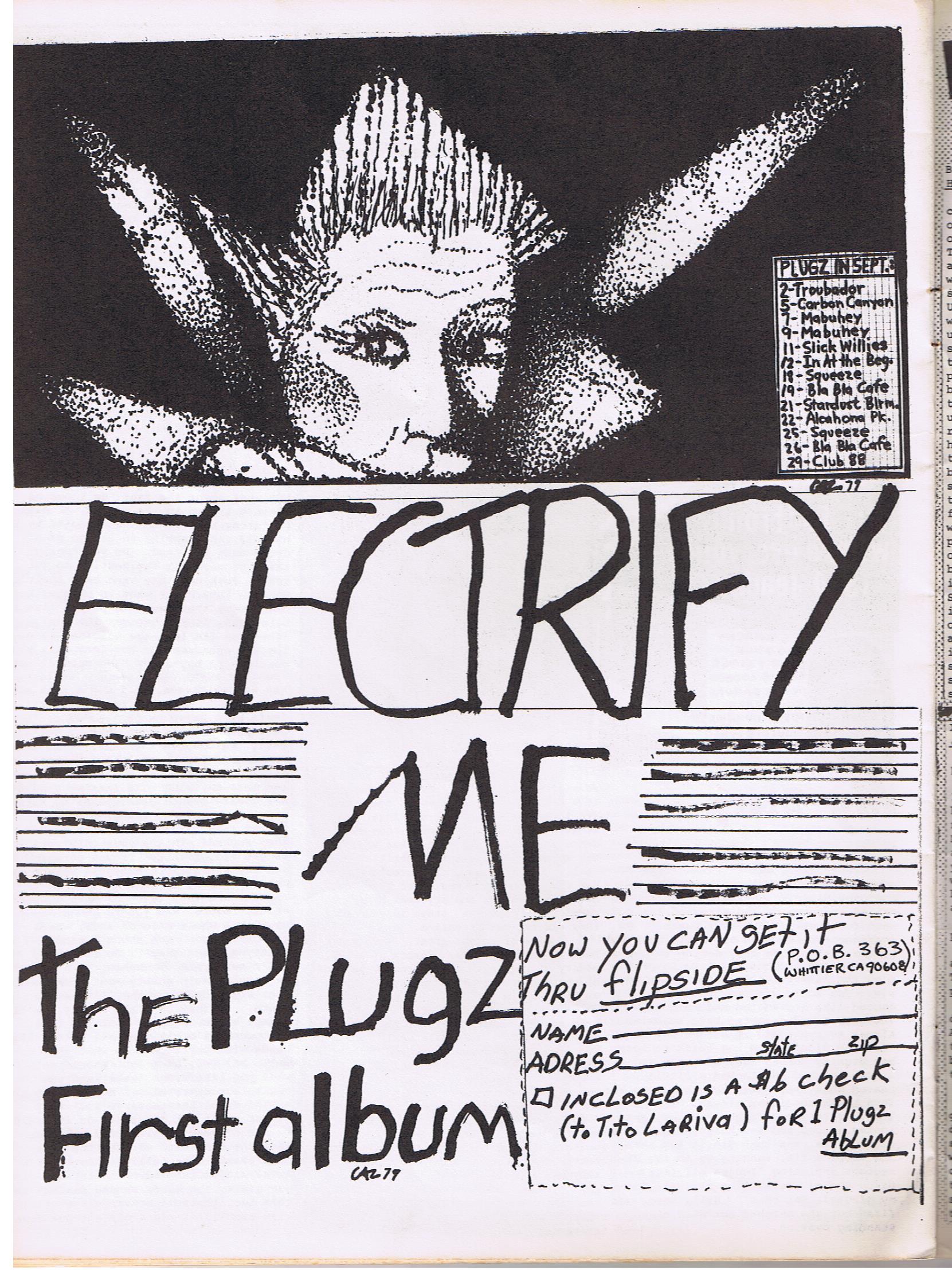 Flipside # 16 Advertisement "Electrify Me,” The Plugz, First album.